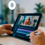 Moderner Arbeitsbereich mit Tablet und Video-Editor, Hände bedienen das Gerät, unscharfer, gut beleuchteter Hintergrund.