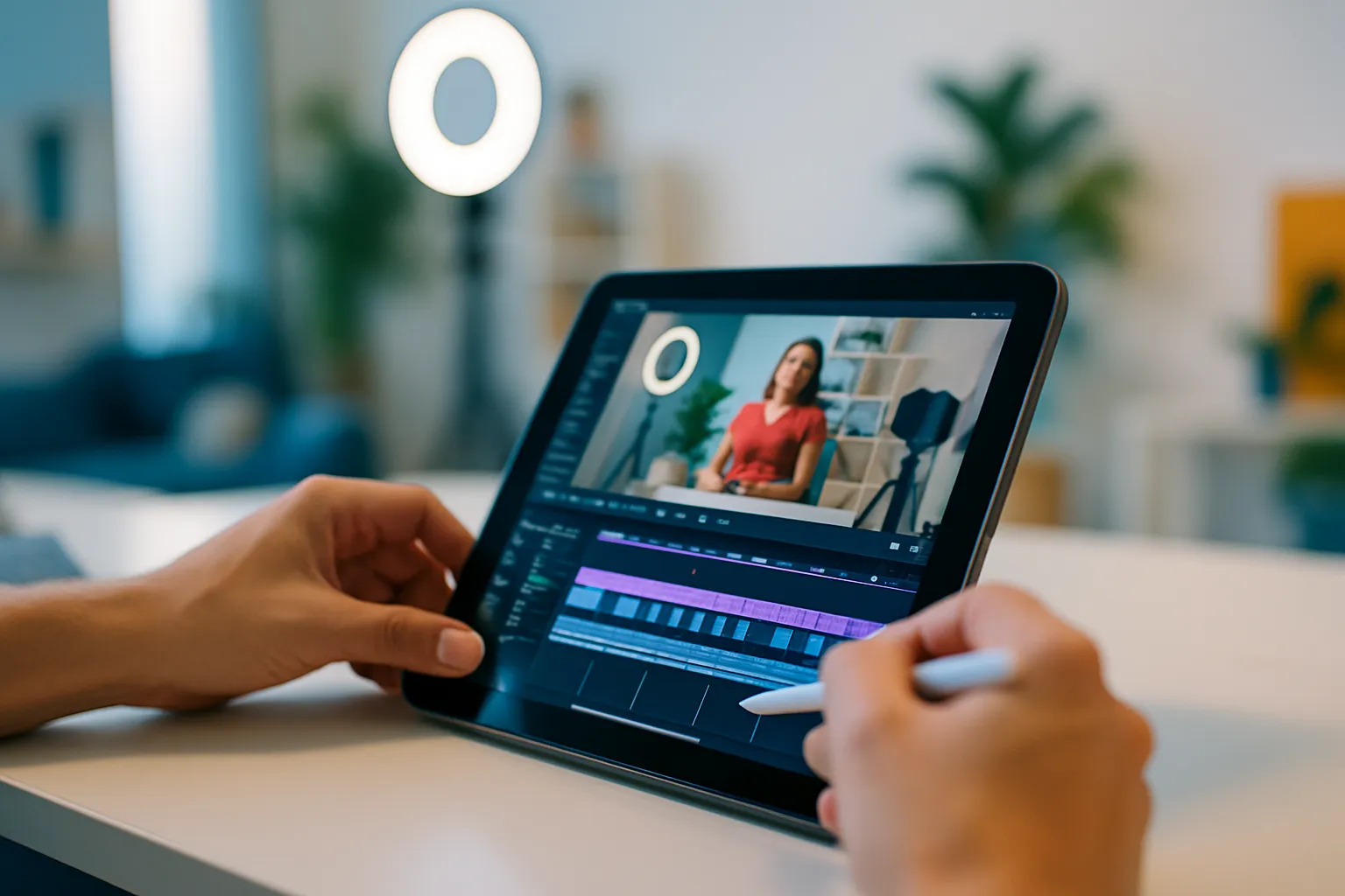Moderner Arbeitsbereich mit Tablet und Video-Editor, Hände bedienen das Gerät, unscharfer, gut beleuchteter Hintergrund.