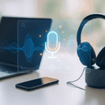 Moderner Arbeitsplatz mit Laptop, Smartphone, Headset und smartem Lautsprecher, sanfte Beleuchtung, futuristische Sprachwellen, dezente digitale Elemente, warme Blau- und Orangetöne.
