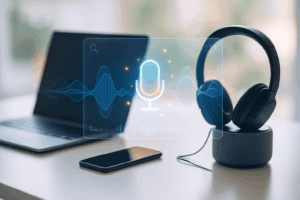 Moderner Arbeitsplatz mit Laptop, Smartphone, Headset und smartem Lautsprecher, sanfte Beleuchtung, futuristische Sprachwellen, dezente digitale Elemente, warme Blau- und Orangetöne.