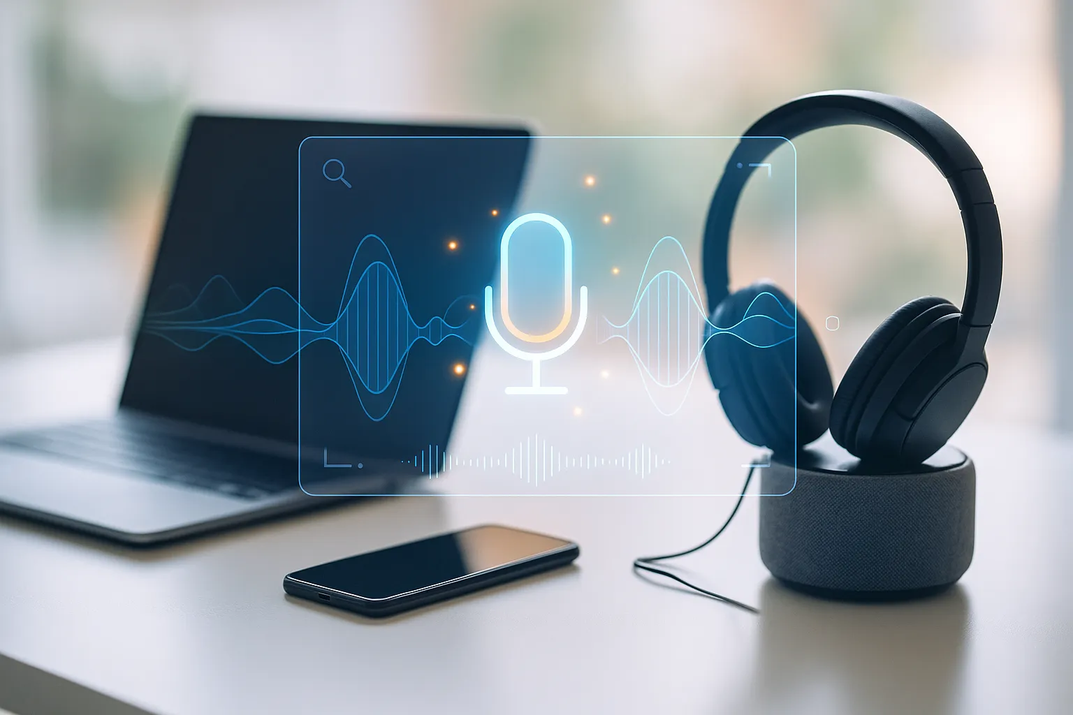 Moderner Arbeitsplatz mit Laptop, Smartphone, Headset und smartem Lautsprecher, sanfte Beleuchtung, futuristische Sprachwellen, dezente digitale Elemente, warme Blau- und Orangetöne.