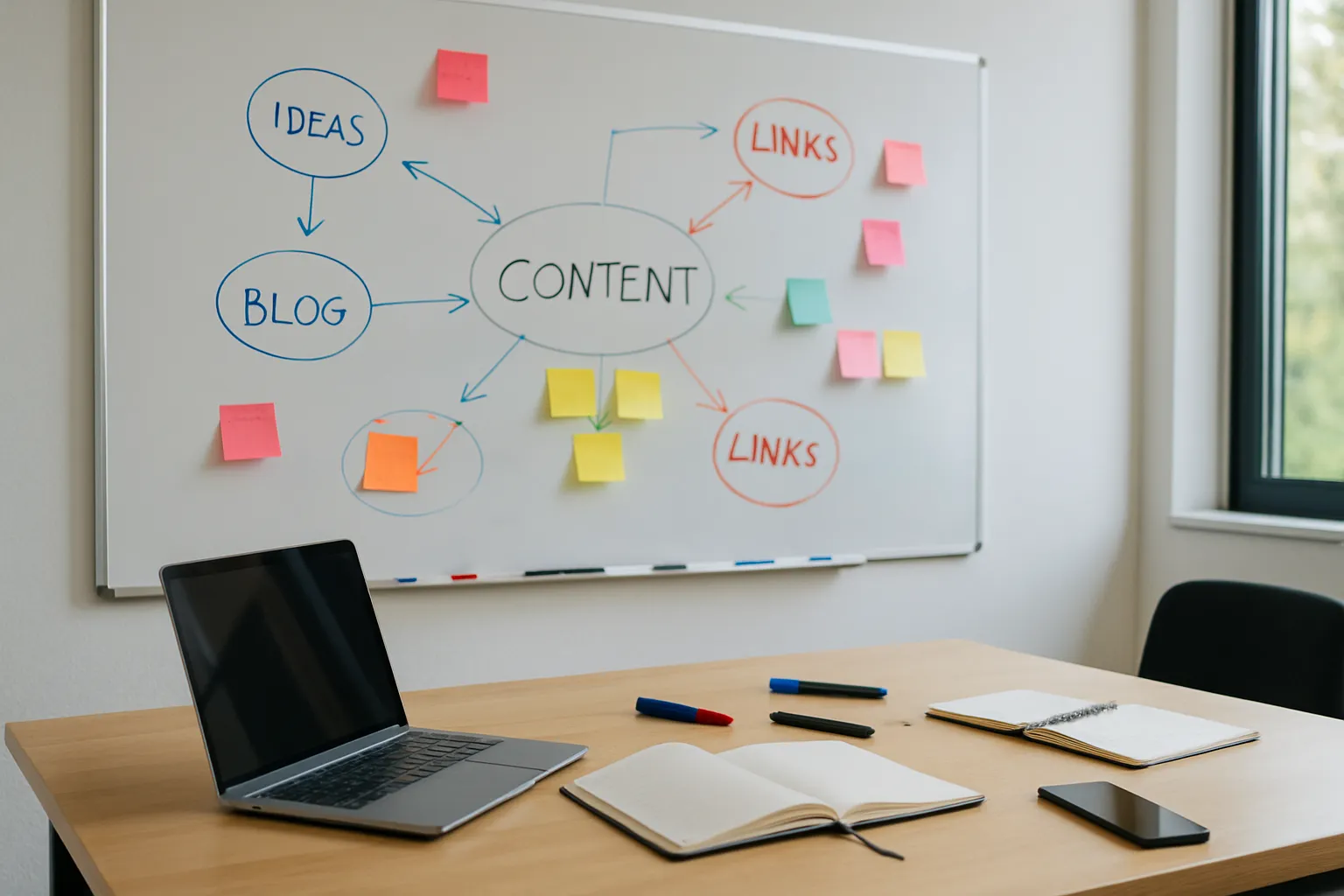 Whiteboard mit Themen und Pins zum Thema Linkaufbau