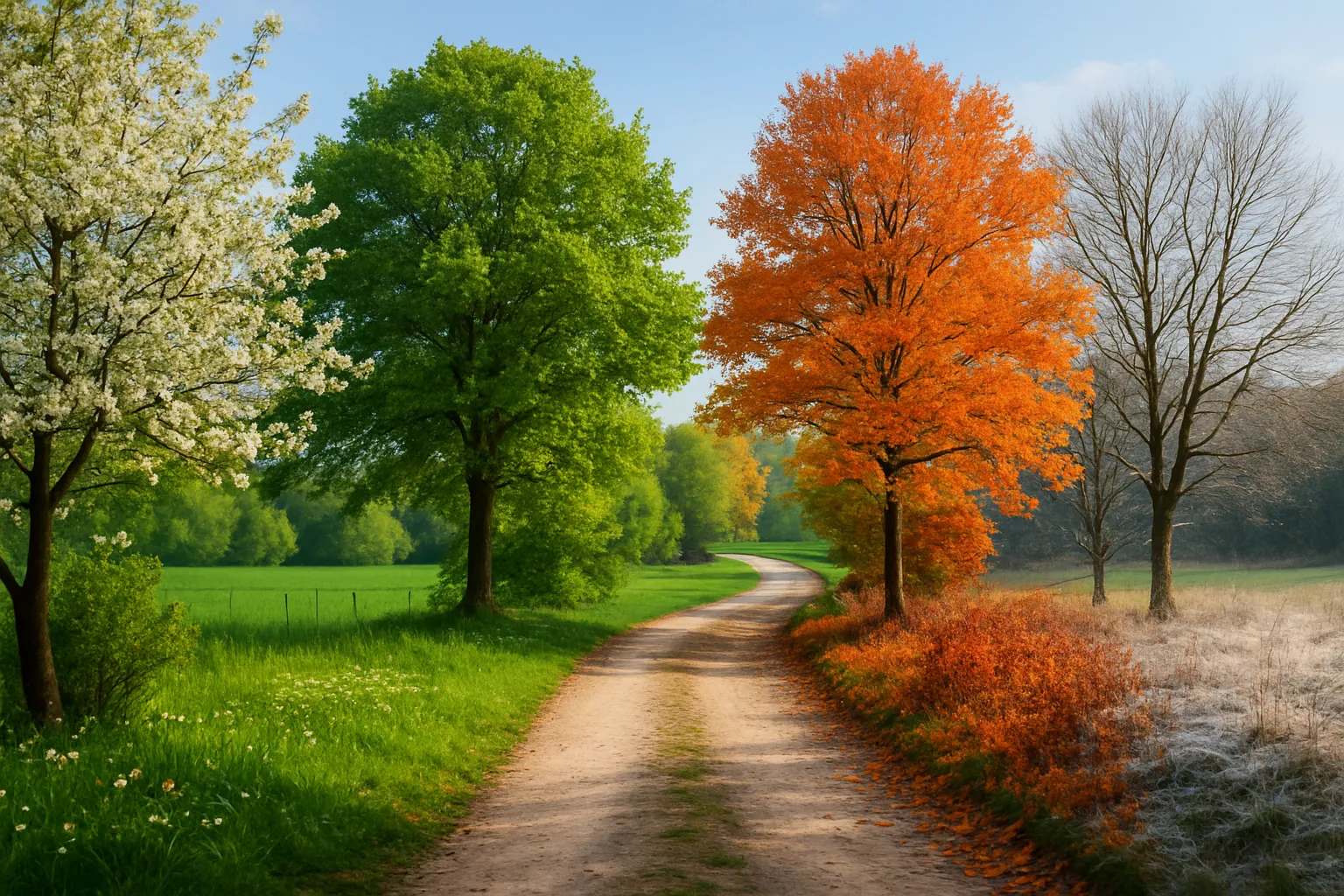 Jahreszeitenweg mit Frühling, Sommer, Herbst und Winter in einer Landschaft vereint.