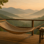 Hängematte auf einer Holzterrasse mit Blick auf nebelverhangene Berge im Morgenlicht, daneben ein Tisch mit einer Tasse und einem offenen Buch – eine ruhige, minimalistische Urlaubsszene in der Natur.