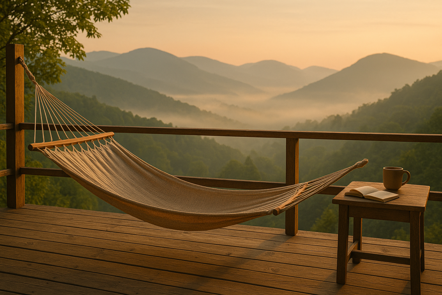Hängematte auf einer Holzterrasse mit Blick auf nebelverhangene Berge im Morgenlicht, daneben ein Tisch mit einer Tasse und einem offenen Buch – eine ruhige, minimalistische Urlaubsszene in der Natur.