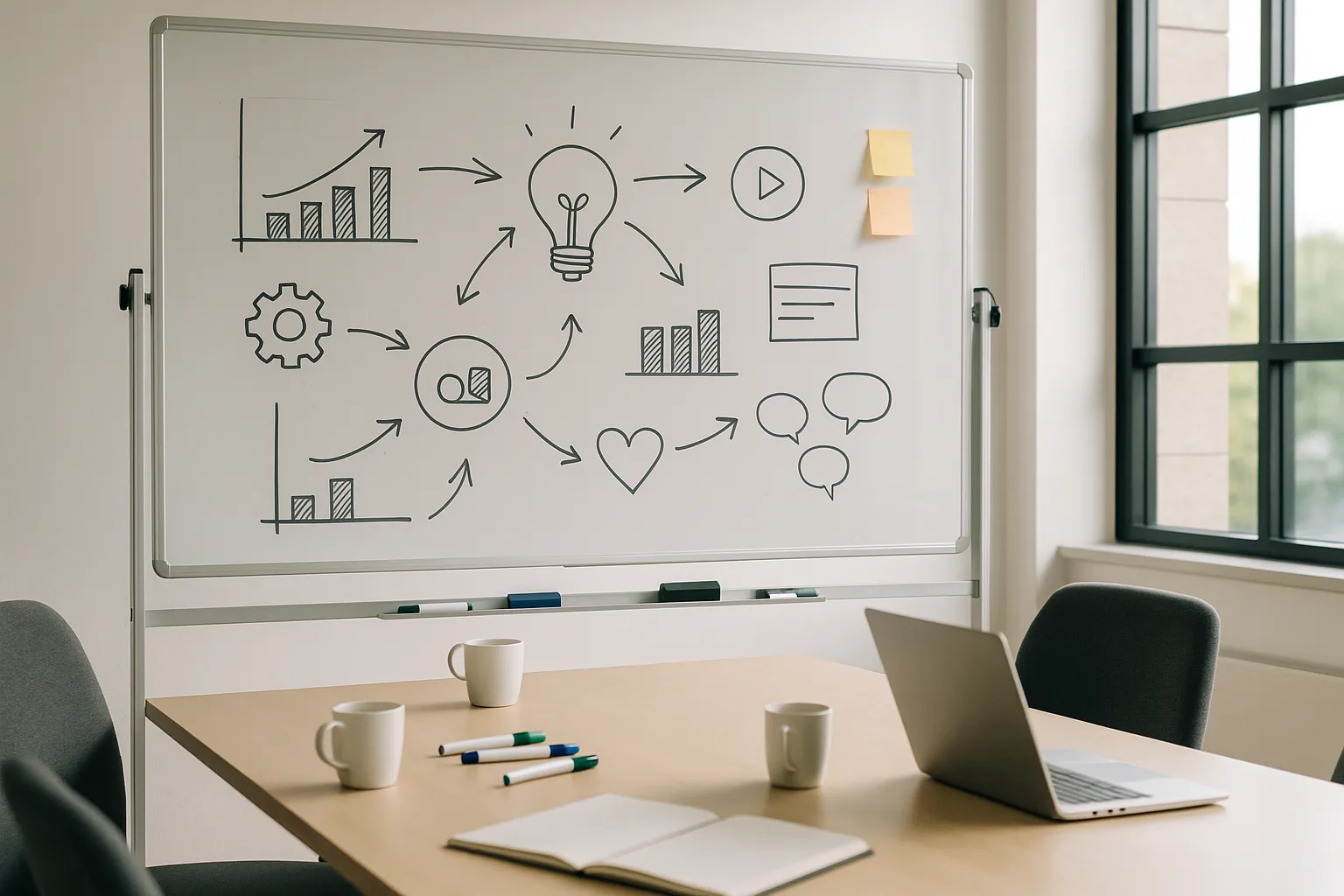 Ein moderner, heller Meetingraum mit einem großen Whiteboard, das nach einem Brainstorming beschrieben ist. Auf dem Whiteboard befinden sich handgezeichnete Diagramme, Pfeile, Symbole und Statistiken, die kreative Prozesse und Content-Strategien darstellen. Davor steht ein Konferenztisch mit mehreren Kaffeetassen, Markern, einem geöffneten Notizbuch und einem aufgeklappten Laptop. Durch die großen Fenster fällt Tageslicht und erzeugt eine freundliche, produktive Atmosphäre. Keine Personen oder lesbarer Text im Bild.