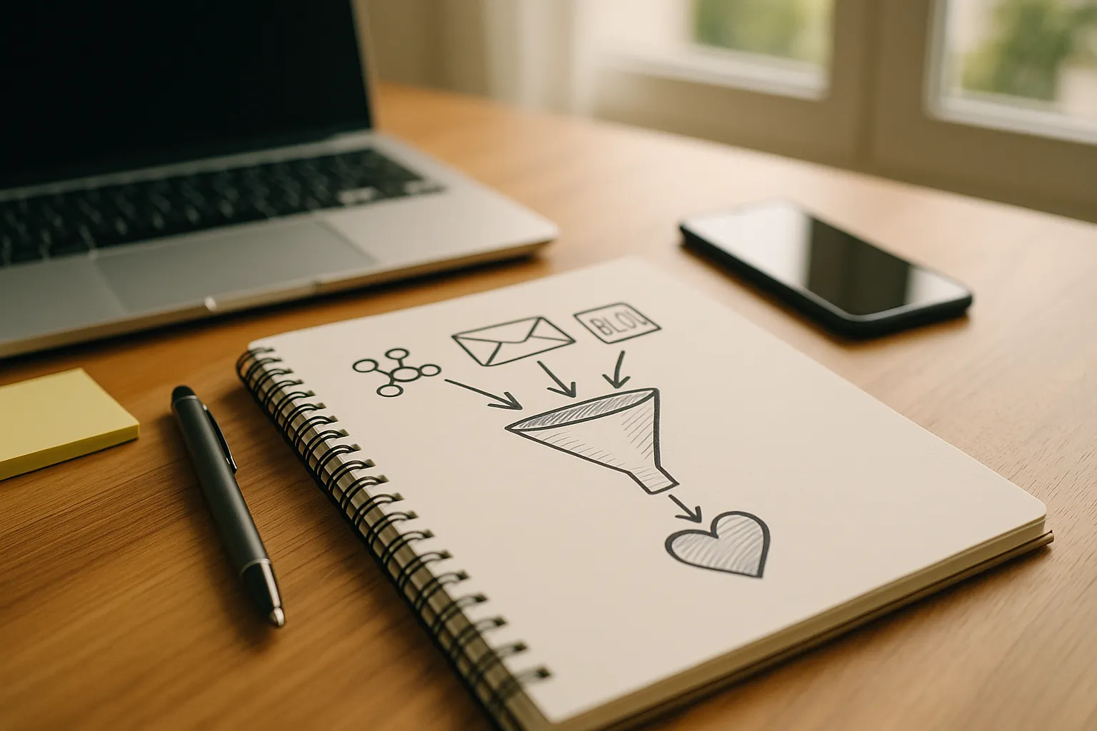 Ein moderner Schreibtisch in einem hellen, gut ausgeleuchteten Raum. Auf dem Tisch liegt ein aufgeschlagenes Notizbuch mit einer handgezeichneten Skizze eines Traffic-Funnels.