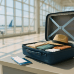 Foto eines modernen Flughafens bei Tageslicht, Fokus auf einen offenen, ordentlich gepackten Koffer auf dem Check-in-Schalter, daneben eine Flugkarte und ein Boarding-Pass.