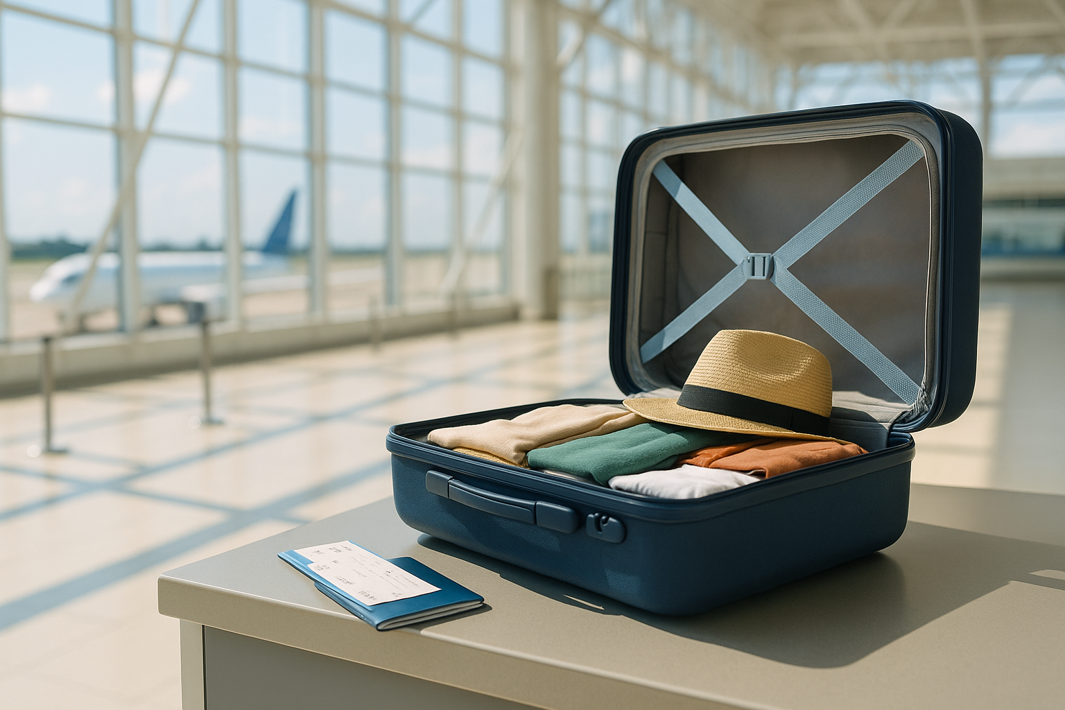 Foto eines modernen Flughafens bei Tageslicht, Fokus auf einen offenen, ordentlich gepackten Koffer auf dem Check-in-Schalter, daneben eine Flugkarte und ein Boarding-Pass.