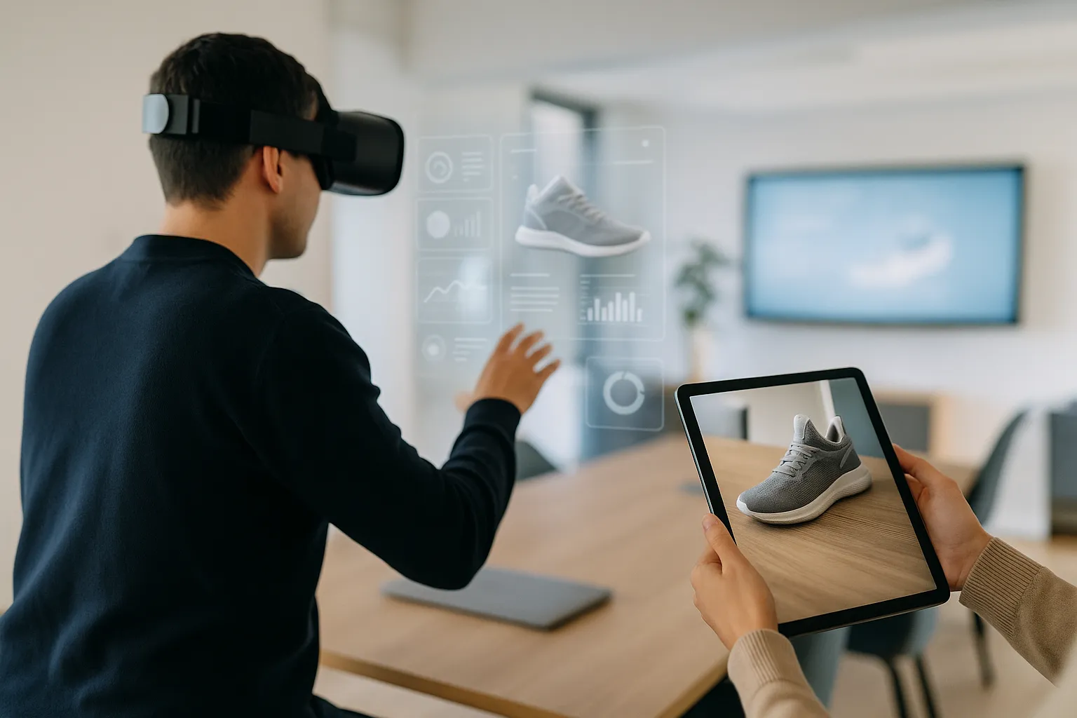 Person mit VR-Headset interagiert in einem modernen Büro mit virtuellen Elementen, daneben zeigt ein Tablet per AR eine 3D-Produktvorschau eines Sneakers auf einem Tisch.
