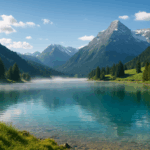 Alpiner Bergsee mit türkisblauem Wasser, umgeben von grünen Wiesen, dichten Tannenwäldern und schneebedeckten Bergen unter blauem Himmel mit leichten Wolken.