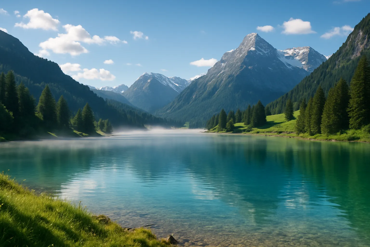 Alpiner Bergsee mit türkisblauem Wasser, umgeben von grünen Wiesen, dichten Tannenwäldern und schneebedeckten Bergen unter blauem Himmel mit leichten Wolken.