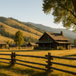 Ooffene, grasbewachsene Ebenen mit sanften Hügeln, einzelnen großen Bäumen und einer rustikalen Ranch im Hintergrund – Holzhäuser, Weidezäune und eine typische Western-Atmosphäre.
