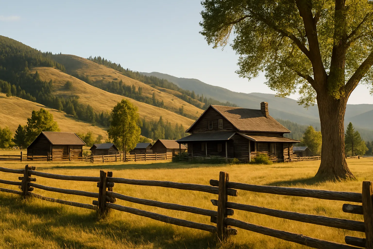 Ooffene, grasbewachsene Ebenen mit sanften Hügeln, einzelnen großen Bäumen und einer rustikalen Ranch im Hintergrund – Holzhäuser, Weidezäune und eine typische Western-Atmosphäre.