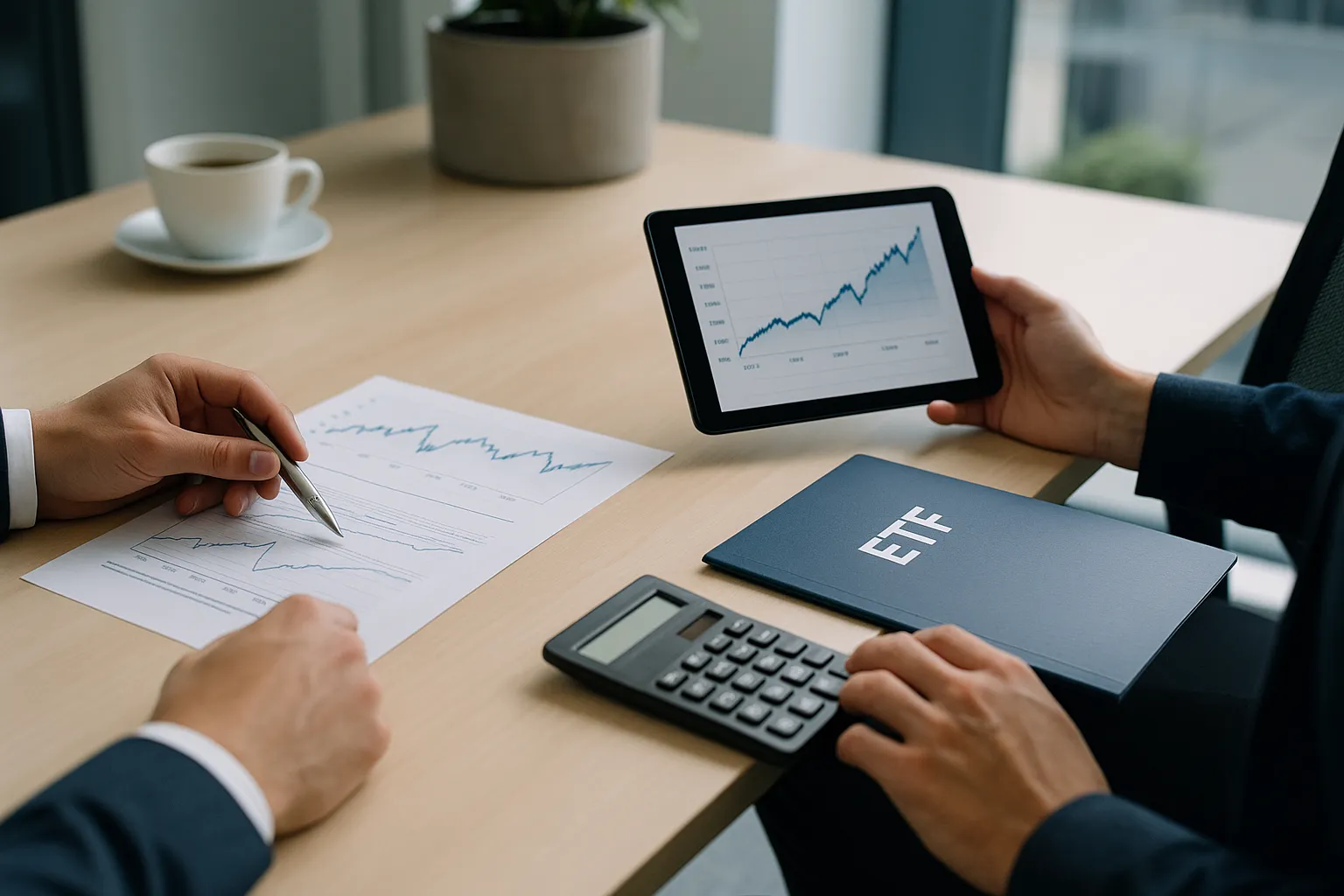 Zwei Personen vergleichen Finanzdaten zu aktiven und passiven ETFs an einem Schreibtisch mit Tablet, Diagrammen und Taschenrechner in moderner Büro-Umgebung.