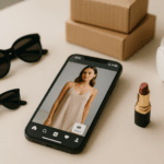 Moderner Smartphone-Bildschirm mit geöffneter Social-Media-App und beworbenem Produkt, umgeben von stylischem Zubehör auf hellem Tisch.