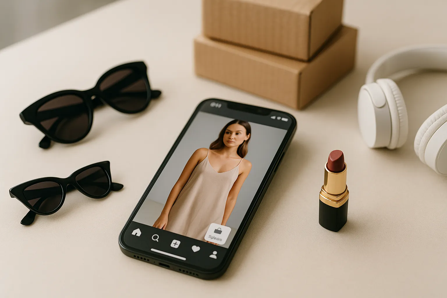 Moderner Smartphone-Bildschirm mit geöffneter Social-Media-App und beworbenem Produkt, umgeben von stylischem Zubehör auf hellem Tisch.