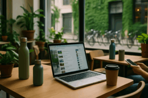 Helles, modernes urbanes Café mit Holztischen, vielen Pflanzen und nachhaltiger Atmosphäre. Aufgeklappter Laptop zeigt Social-Media-Feed.