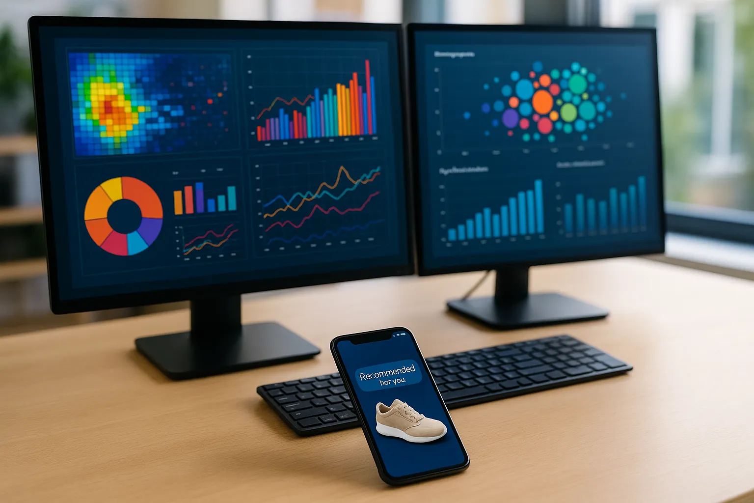 Moderner Arbeitsplatz mit zwei Monitoren voller bunter Datenvisualisierungen und einem Smartphone mit personalisierter Werbeanzeige auf einem hellen Schreibtisch bei Tageslicht.