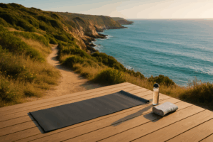 Eine sonnige, weitläufige Küstenlandschaft mit einem schmalen, naturbelassenen Wanderpfad entlang der Klippen, im Hintergrund das türkisfarbene Meer. Im Vordergrund eine Yogamatte auf einem Holzdeck mit Blick aufs Wasser, daneben eine Trinkflasche und ein Handtuch.