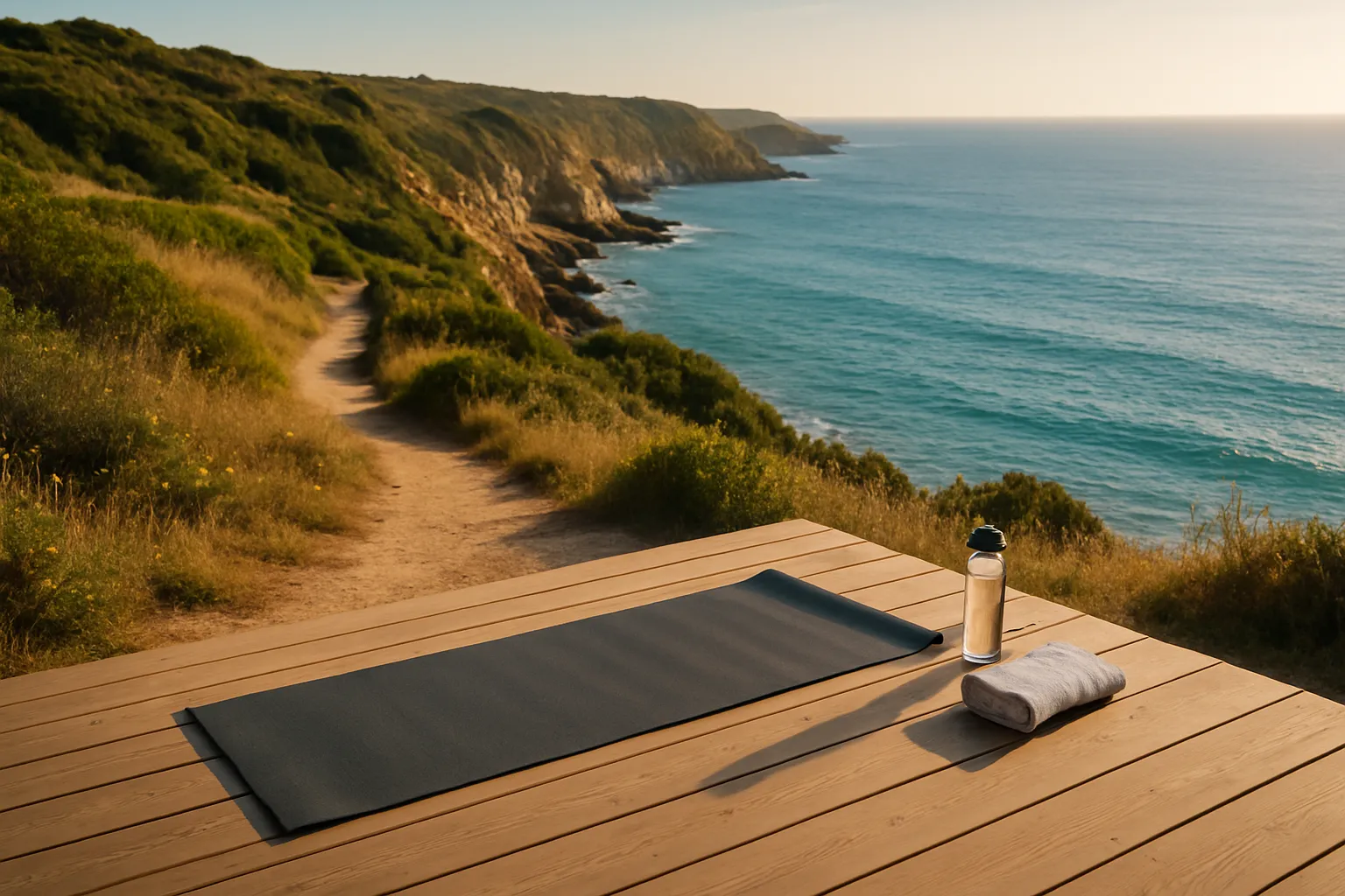 Eine sonnige, weitläufige Küstenlandschaft mit einem schmalen, naturbelassenen Wanderpfad entlang der Klippen, im Hintergrund das türkisfarbene Meer. Im Vordergrund eine Yogamatte auf einem Holzdeck mit Blick aufs Wasser, daneben eine Trinkflasche und ein Handtuch.