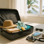 Offener Koffer mit Sommerkleidung, Sonnenhut, Flip-Flops und Reiseutensilien auf einem Bett in heller Urlaubsumgebung mit Palmenblick durchs Fenster.