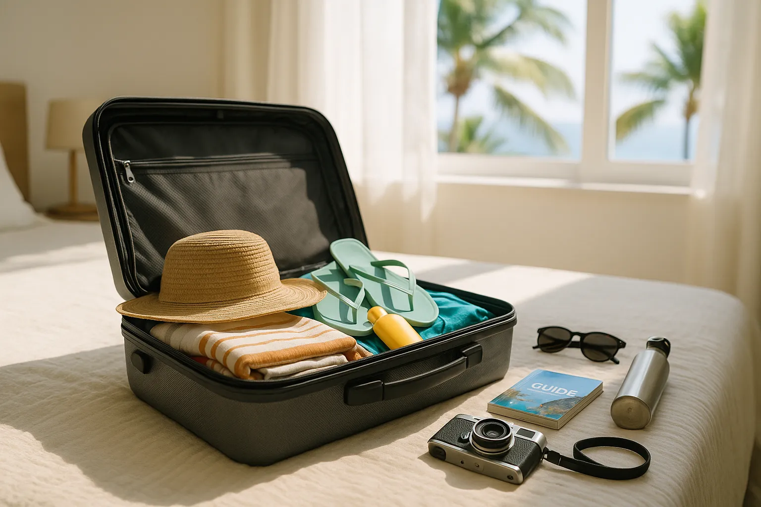 Offener Koffer mit Sommerkleidung, Sonnenhut, Flip-Flops und Reiseutensilien auf einem Bett in heller Urlaubsumgebung mit Palmenblick durchs Fenster.