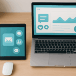 Ein modernes, stilvolles Schreibtisch-Setup mit mehreren digitalen Geräten nebeneinander: Smartphone, Tablet, Laptop und ein großer Bildschirm, alle zeigen stilisierte Benutzeroberflächen mit verschiedenen Kommunikationskanälen (z. B. E-Mail, Social Media, Chat, Website-Analytics)