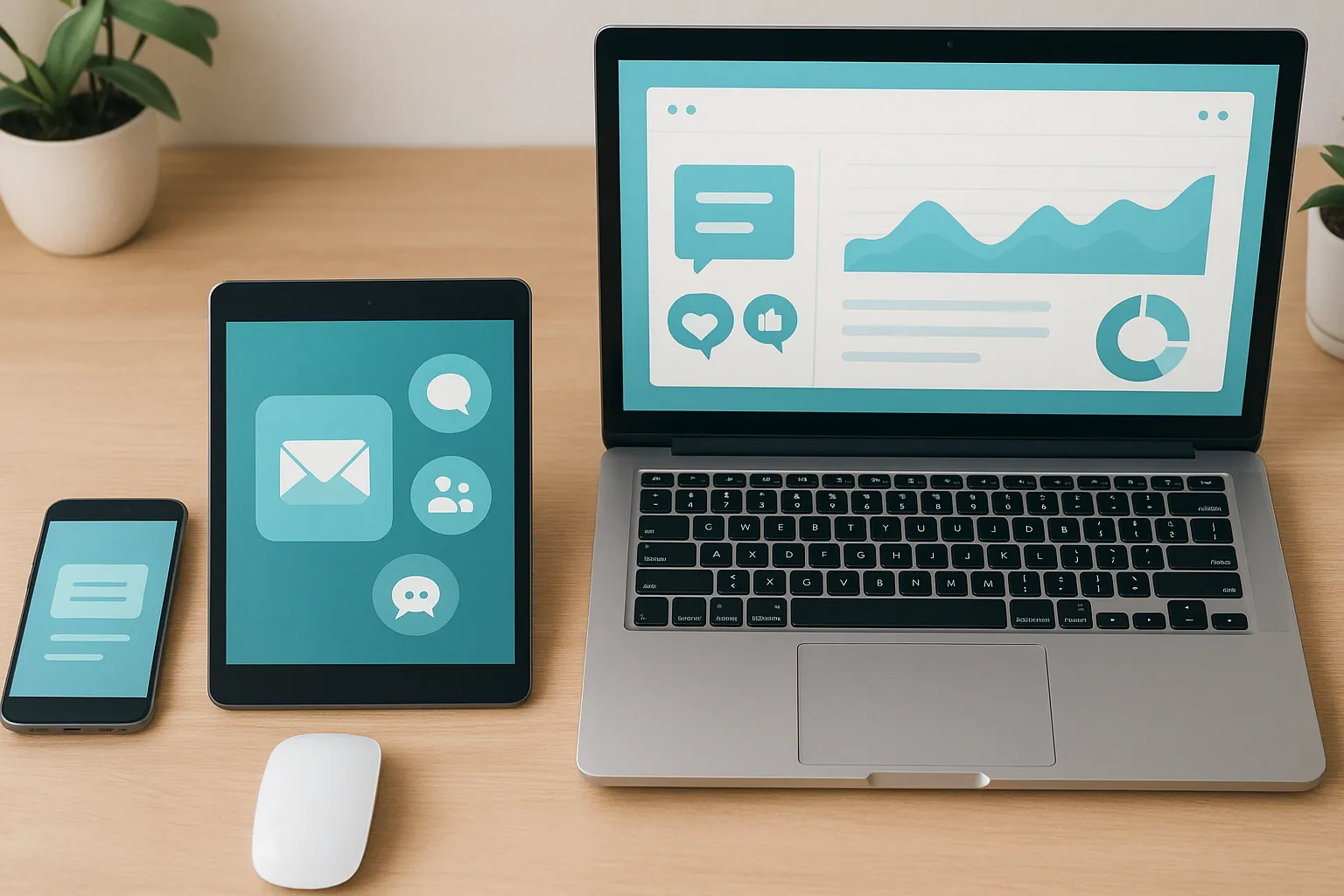 Ein modernes, stilvolles Schreibtisch-Setup mit mehreren digitalen Geräten nebeneinander: Smartphone, Tablet, Laptop und ein großer Bildschirm, alle zeigen stilisierte Benutzeroberflächen mit verschiedenen Kommunikationskanälen (z. B. E-Mail, Social Media, Chat, Website-Analytics)