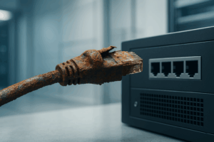Ein stark verrostetes Netzwerkkabel wird von einem modernen Server getrennt – Symbolbild für veraltete oder schädliche Webtechnologien.