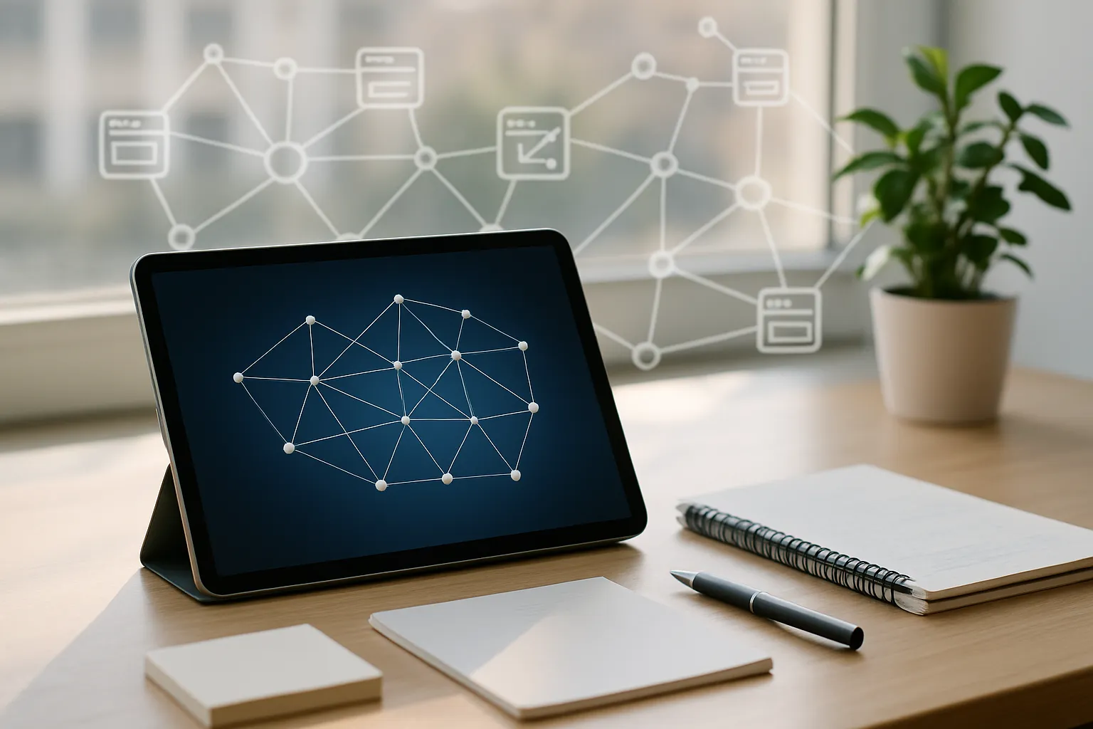 Moderne Blogging-Szene im Jahr 2025, dargestellt durch ein helles, minimalistisches Schreibtisch-Setup mit Tablet und Notizen, auf dem ein Netzwerkdiagramm aus Linien oder Punkten auf einem Bildschirm angedeutet ist.