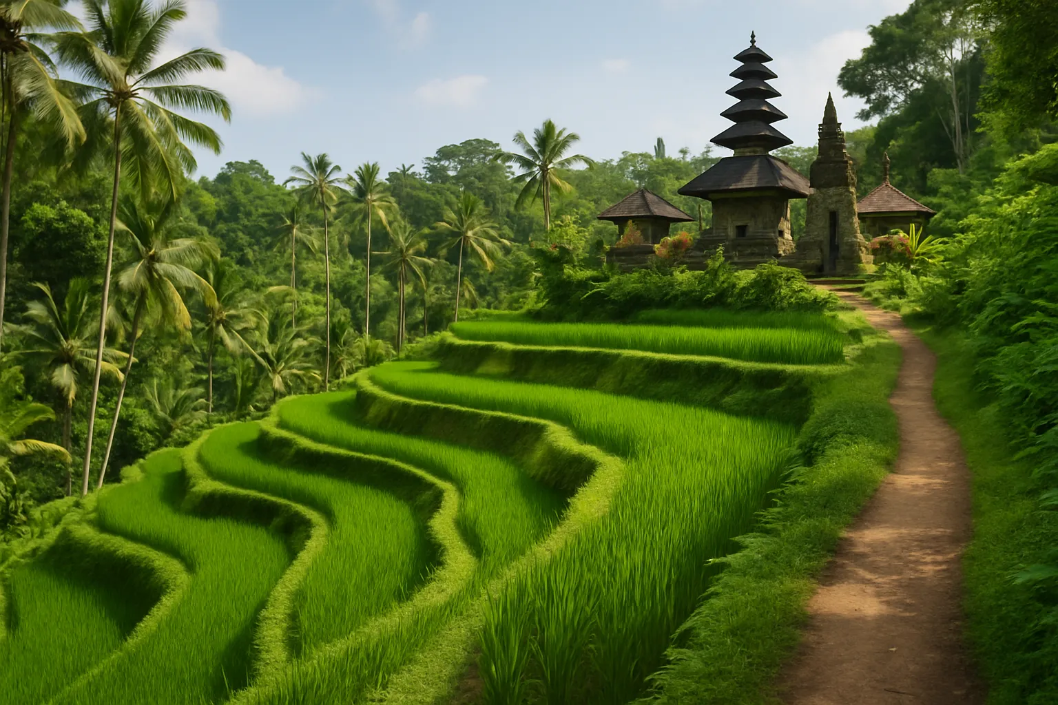 Reisfeld-Terrassen auf Bali mit traditionellem Tempel im Hintergrund, umgeben von üppiger tropischer Vegetation bei Tageslicht.