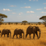 Gruppe von Elefanten in weiter Savannenlandschaft Südafrikas mit goldenen Gräsern und Akazienbäumen unter leicht bewölktem Himmel.