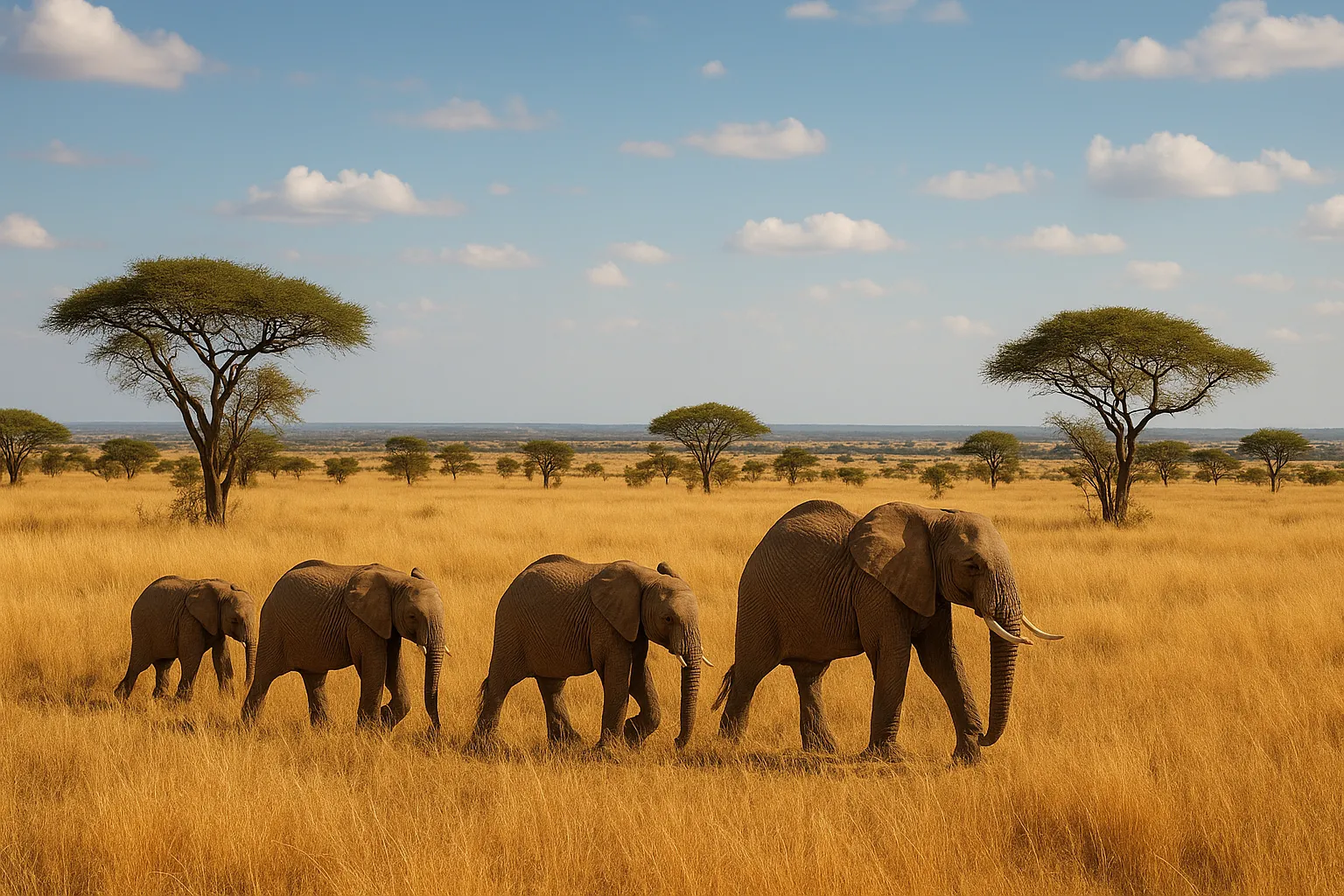 Gruppe von Elefanten in weiter Savannenlandschaft Südafrikas mit goldenen Gräsern und Akazienbäumen unter leicht bewölktem Himmel.