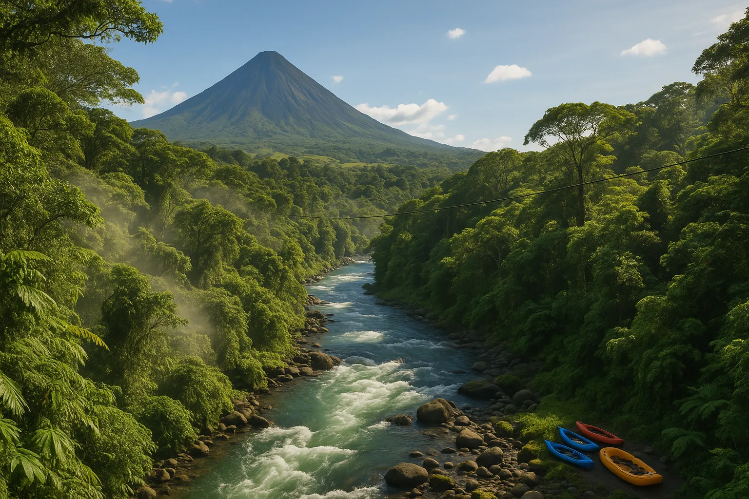 Eine weite, sonnendurchflutete Landschaft in Costa Rica, im Vordergrund dichter Regenwald mit Nebelschwaden, im Hintergrund Vulkan Arenal. Ein Wildwasserfluss schlängelt sich durch das Bild, an der Seite sieht man Kajaks oder Raftingboote am Ufer liegen.
