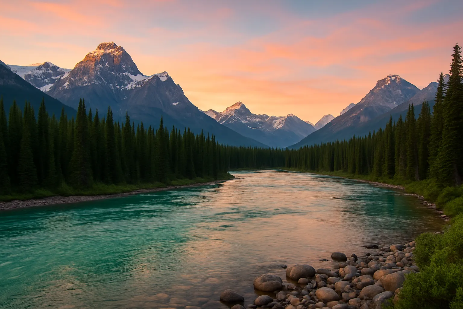 Weitwinkelaufnahme eines türkisfarbenen Flusses in den kanadischen Rocky Mountains bei Sonnenaufgang, umgeben von dichtem Nadelwald und schneebedeckten Gipfeln unter einem orange-rosa Himmel.