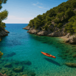 Fotorealistische Aufnahme einer abgelegenen Bucht in Kroatien mit türkisblauem Wasser, umgeben von Pinienhängen und Felsen, ein rotes Kajak treibt ruhig auf dem klaren Meer.