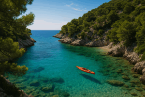 Fotorealistische Aufnahme einer abgelegenen Bucht in Kroatien mit türkisblauem Wasser, umgeben von Pinienhängen und Felsen, ein rotes Kajak treibt ruhig auf dem klaren Meer.