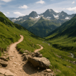 Fotorealistische Landschaftsaufnahme der Pyrenäen im Sommer, mit einer schmalen Wanderroute, die sich durch eine grüne Berglandschaft schlängelt. Im Vordergrund ein gut sichtbarer, felsiger Pfad mit kleinen Steinmarkierungen, flankiert von blühenden Bergwiesen. Im Hintergrund majestätische, teils schneebedeckte Gipfel unter einem leicht bewölkten, hellen Himmel.