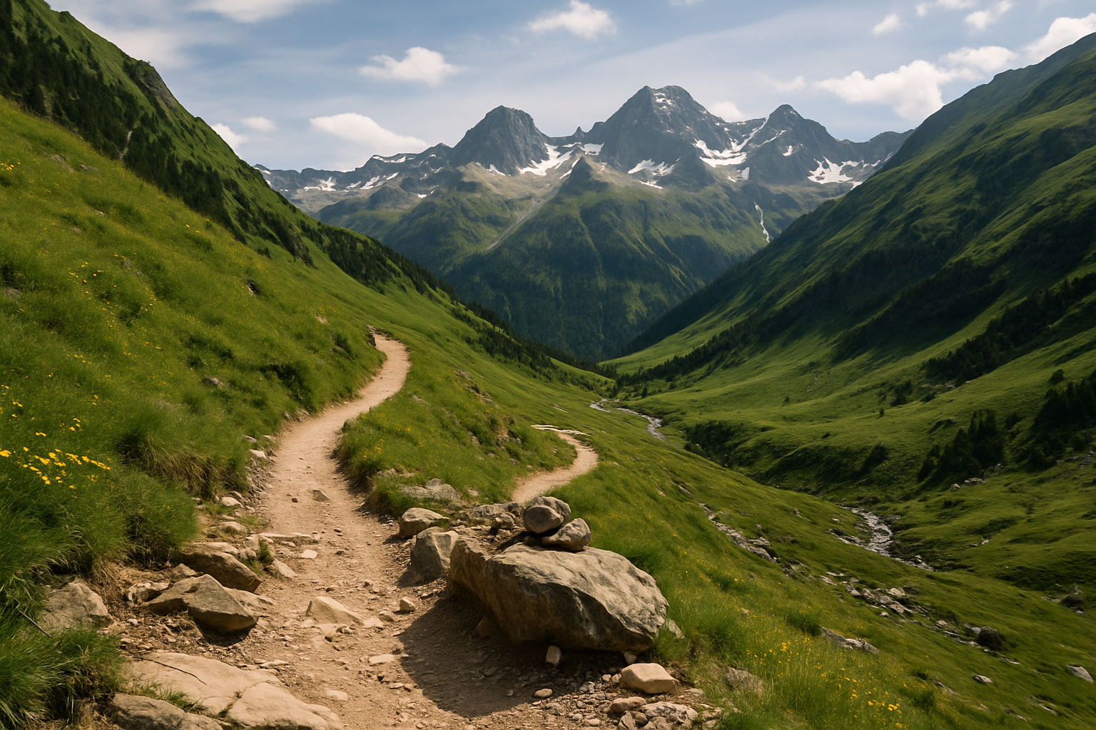 Fotorealistische Landschaftsaufnahme der Pyrenäen im Sommer, mit einer schmalen Wanderroute, die sich durch eine grüne Berglandschaft schlängelt. Im Vordergrund ein gut sichtbarer, felsiger Pfad mit kleinen Steinmarkierungen, flankiert von blühenden Bergwiesen. Im Hintergrund majestätische, teils schneebedeckte Gipfel unter einem leicht bewölkten, hellen Himmel.