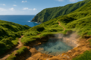 Weites, natürliches Landschaftsfoto der Azoren, sanfte grüne Hügel und steile Klippen am Meer, im Vordergrund eine dampfende heiße Quelle mit glasklarem Wasser, im Hintergrund ein Wanderpfad mit wildem, unberührtem Terrain, darunter sanftes, blaues Atlantikwasser.
