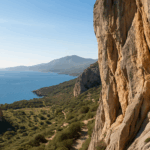 Sonnige Felslandschaft an der Mittelmeerküste Spaniens mit steilem Kalksteinfelsen im Vordergrund und Blick auf das blaue Meer und grüne Hügel im Hintergrund.
