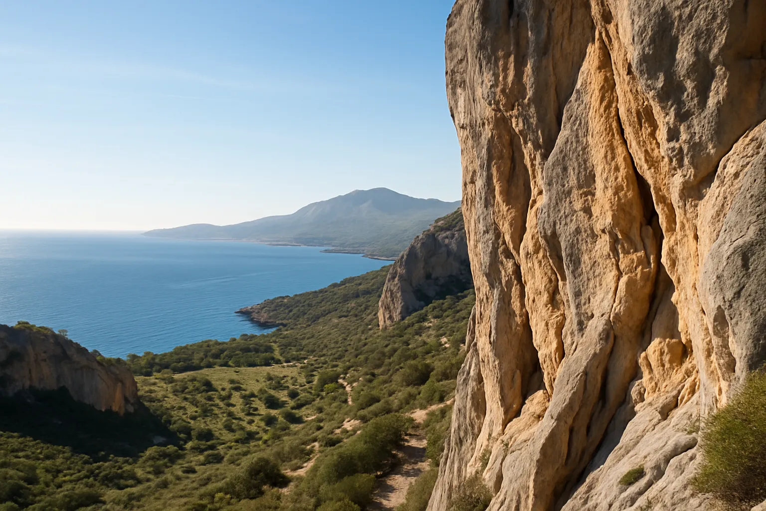 Sonnige Felslandschaft an der Mittelmeerküste Spaniens mit steilem Kalksteinfelsen im Vordergrund und Blick auf das blaue Meer und grüne Hügel im Hintergrund.