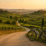 Toskanische Hügellandschaft bei Sonnenuntergang mit Weinbergen, Zypressen und einem Fahrrad am kurvigen Landweg, im Hintergrund historische Dörfer auf den Hügeln.