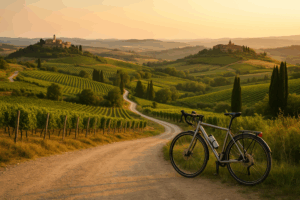 Toskanische Hügellandschaft bei Sonnenuntergang mit Weinbergen, Zypressen und einem Fahrrad am kurvigen Landweg, im Hintergrund historische Dörfer auf den Hügeln.