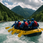 Ein dynamisches, helles Foto eines Wildwasser-Rafting-Abenteuers in den Alpen Österreichs, mit einem Schlauchboot, das wild durch rauschende, klare Gebirgsflüsse fährt.
