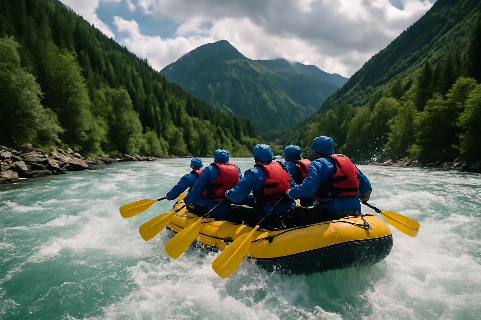 Ein dynamisches, helles Foto eines Wildwasser-Rafting-Abenteuers in den Alpen Österreichs, mit einem Schlauchboot, das wild durch rauschende, klare Gebirgsflüsse fährt.