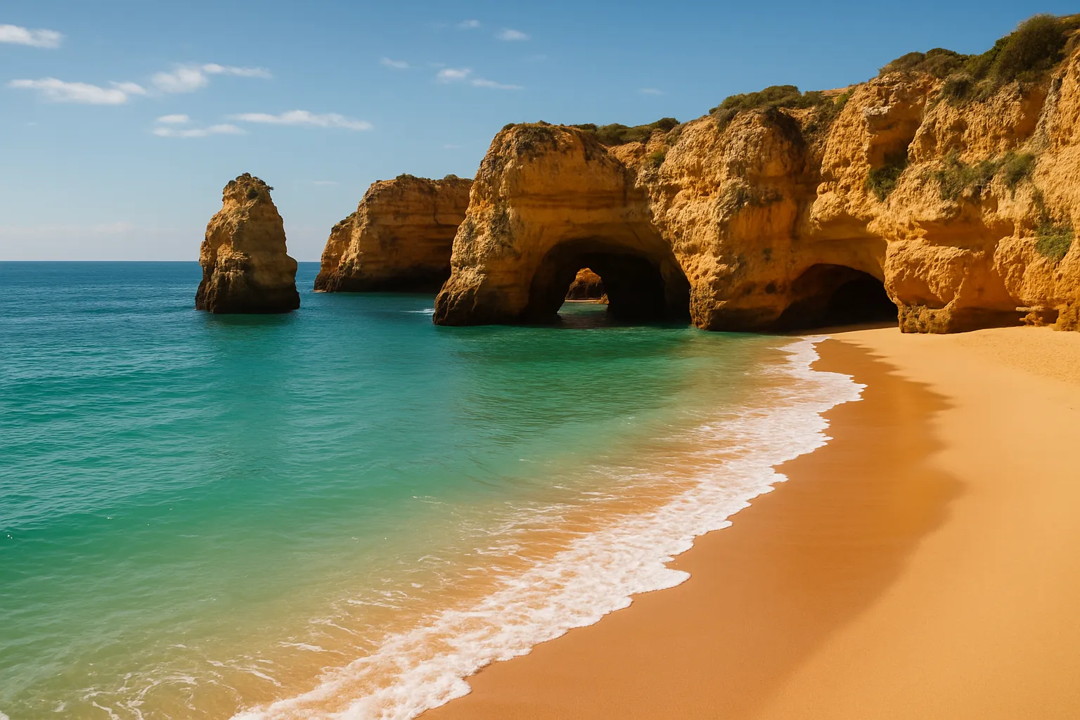 Fotorealistische Aufnahme einer sonnigen Bucht an der Algarve mit goldfarbenem Sandstrand, türkisblauem Meer und markanten Felsformationen mit natürlichen Höhlen.