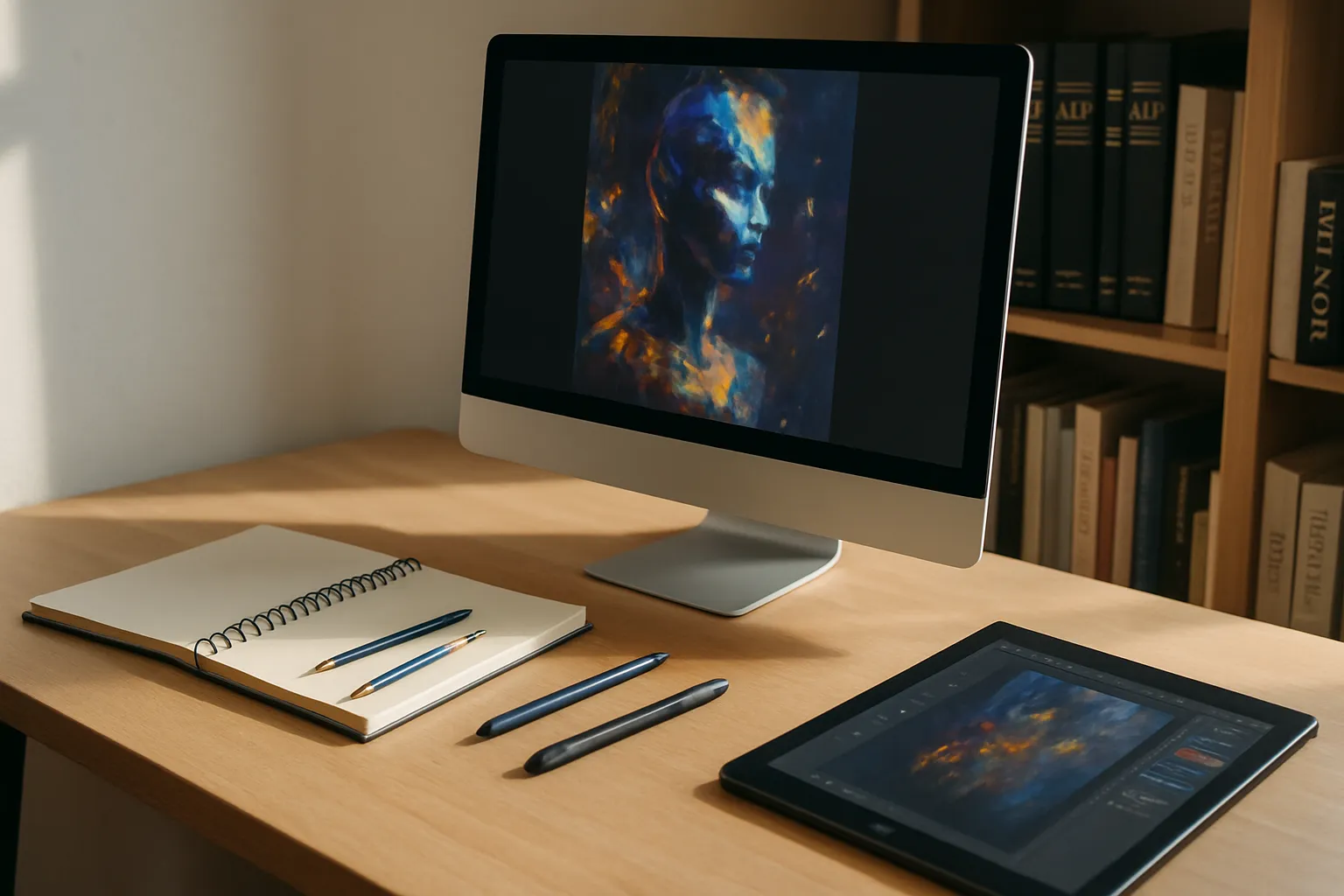 Heller, moderner Arbeitsplatz mit Skizzenbuch, digitalen Zeichenwerkzeugen und einem Bildschirm, der ein KI-generiertes Kunstwerk zeigt – im Hintergrund ein Regal mit Rechts- und Kunstbüchern.