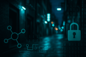 Umgebung bei Nacht, mit verschwommenen Neonlichtern in Blautönen und Grüntönen, die einen geheimnisvollen, digitalen Cyber-Atmosphäre-Effekt erzeugen.